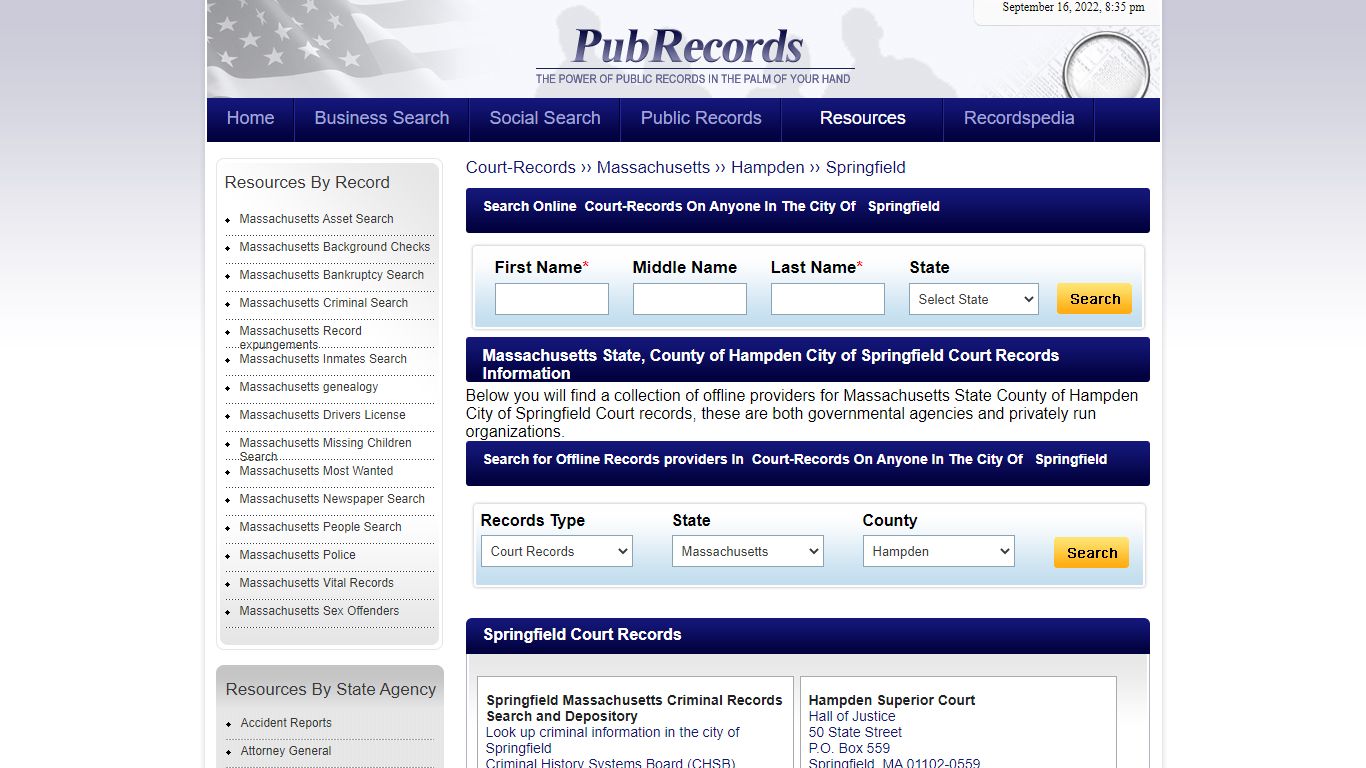 Springfield, Hampden County, Massachusetts Court Records